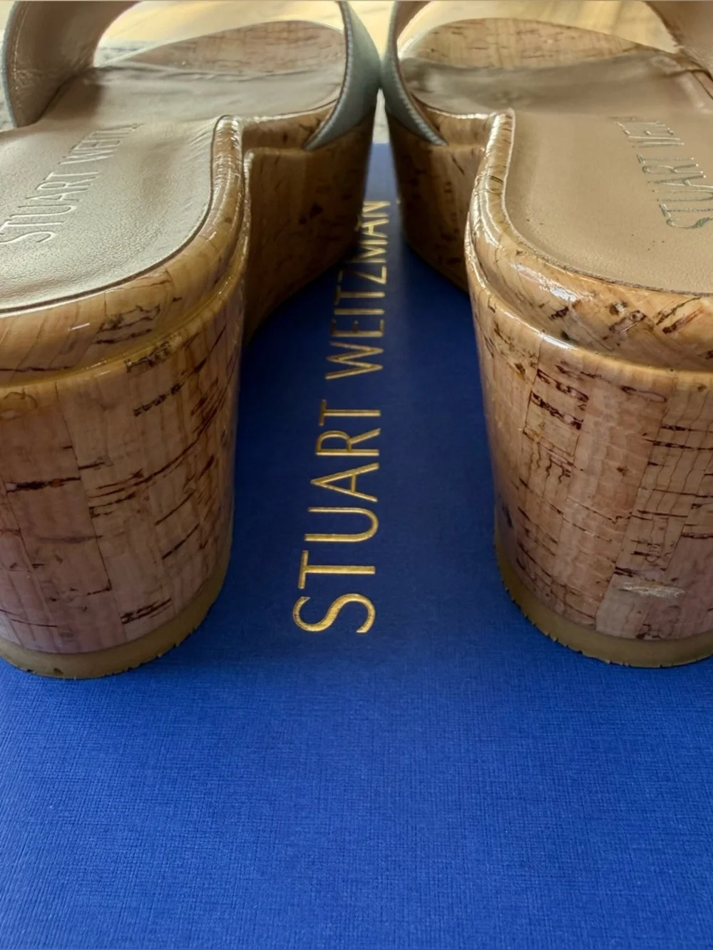 Stuart Weitzman Summer Wedge Heel Vintage Denim Cork Women’s Size 7 / 37.5 - Picture 13 of 15